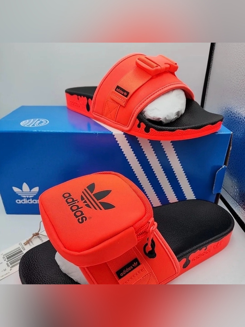 adidas Bright Orange and Black Slide Sandals with Detachable Pouch